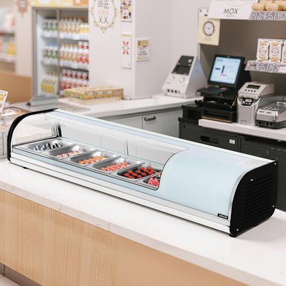 Sushi Display Case Refrigerator, 62L Commercial Sushi Case, 6-Pan Countertop Showcase with Curved Glass, LED Lighting, and Digital Temperature Control, for Sushi-Bar Counter, Restaurant, Store