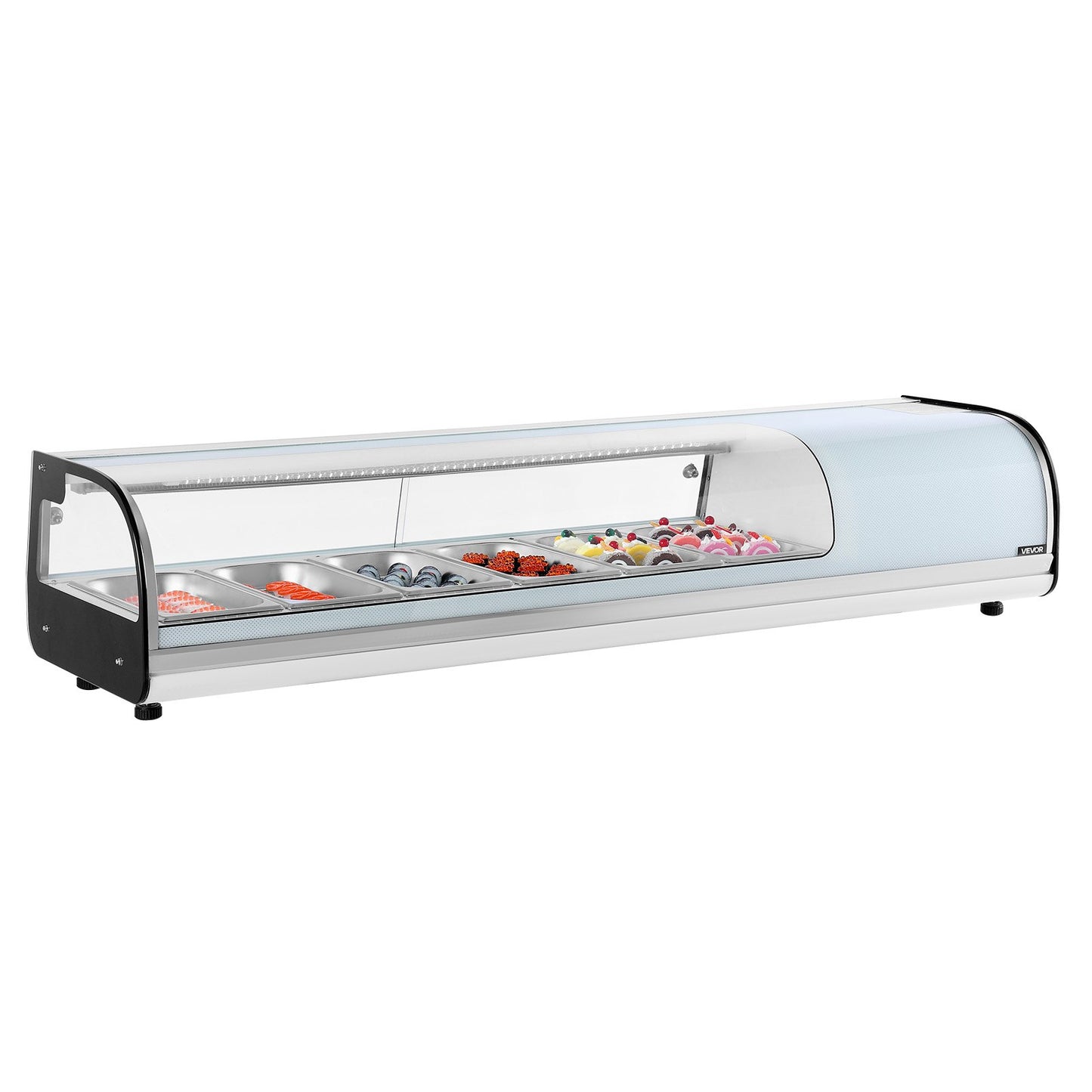 Sushi Display Case Refrigerator, 62L Commercial Sushi Case, 6-Pan Countertop Showcase with Curved Glass, LED Lighting, and Digital Temperature Control, for Sushi-Bar Counter, Restaurant, Store
