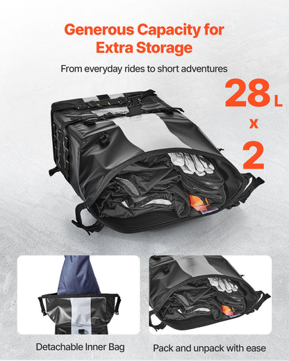 Motorcycle Saddlebag, 56 L (28 L x 2) Large Capacity Side Saddle Bag Compatible with Most Motorcycles, Waterproof Fabric Outdoor Sports Motorbike Luggage Storage with Detachable Inner Bag, Black