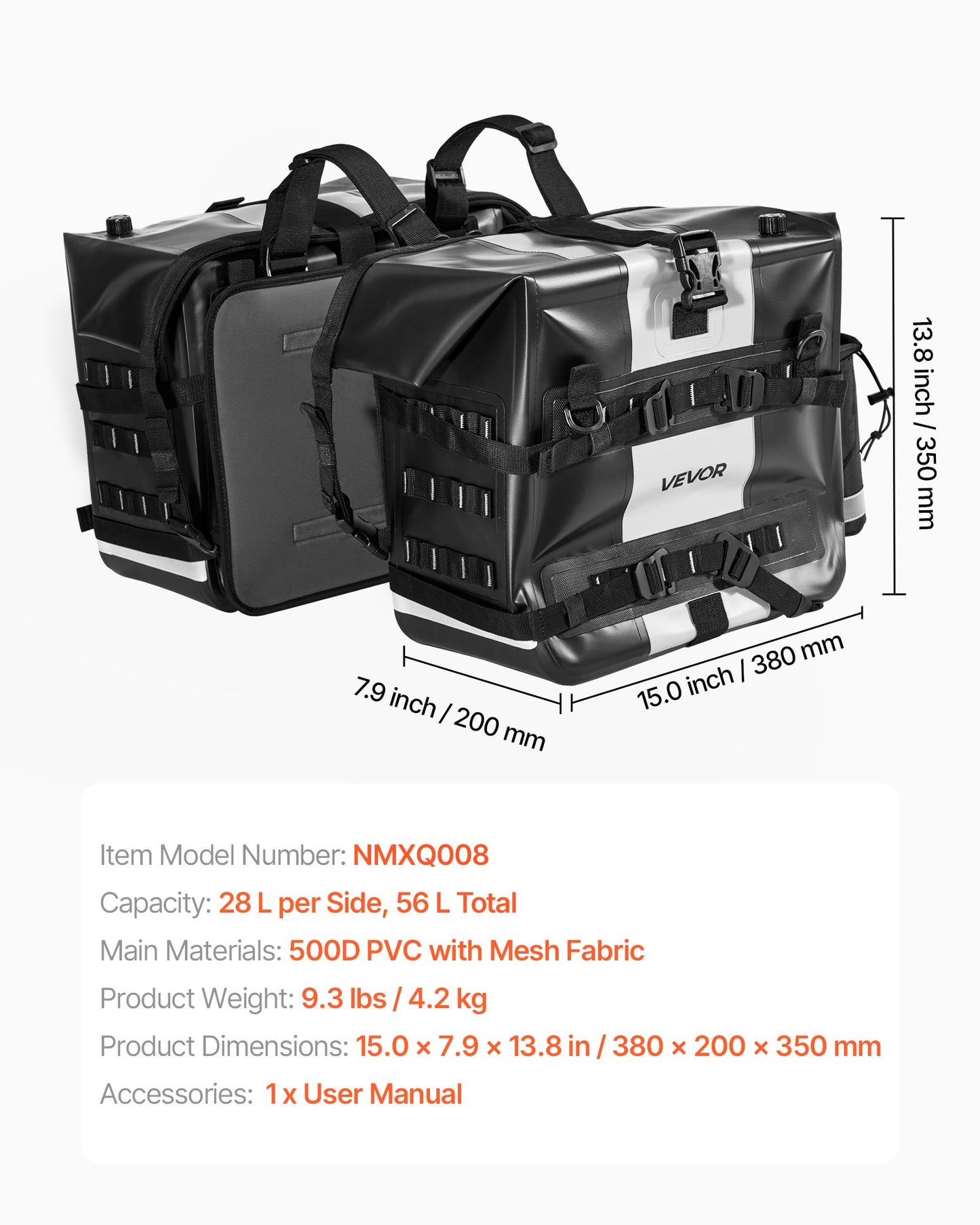 Motorcycle Saddlebag, 56 L (28 L x 2) Large Capacity Side Saddle Bag Compatible with Most Motorcycles, Waterproof Fabric Outdoor Sports Motorbike Luggage Storage with Detachable Inner Bag, Black