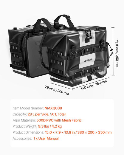 Motorcycle Saddlebag, 56 L (28 L x 2) Large Capacity Side Saddle Bag Compatible with Most Motorcycles, Waterproof Fabric Outdoor Sports Motorbike Luggage Storage with Detachable Inner Bag, Black