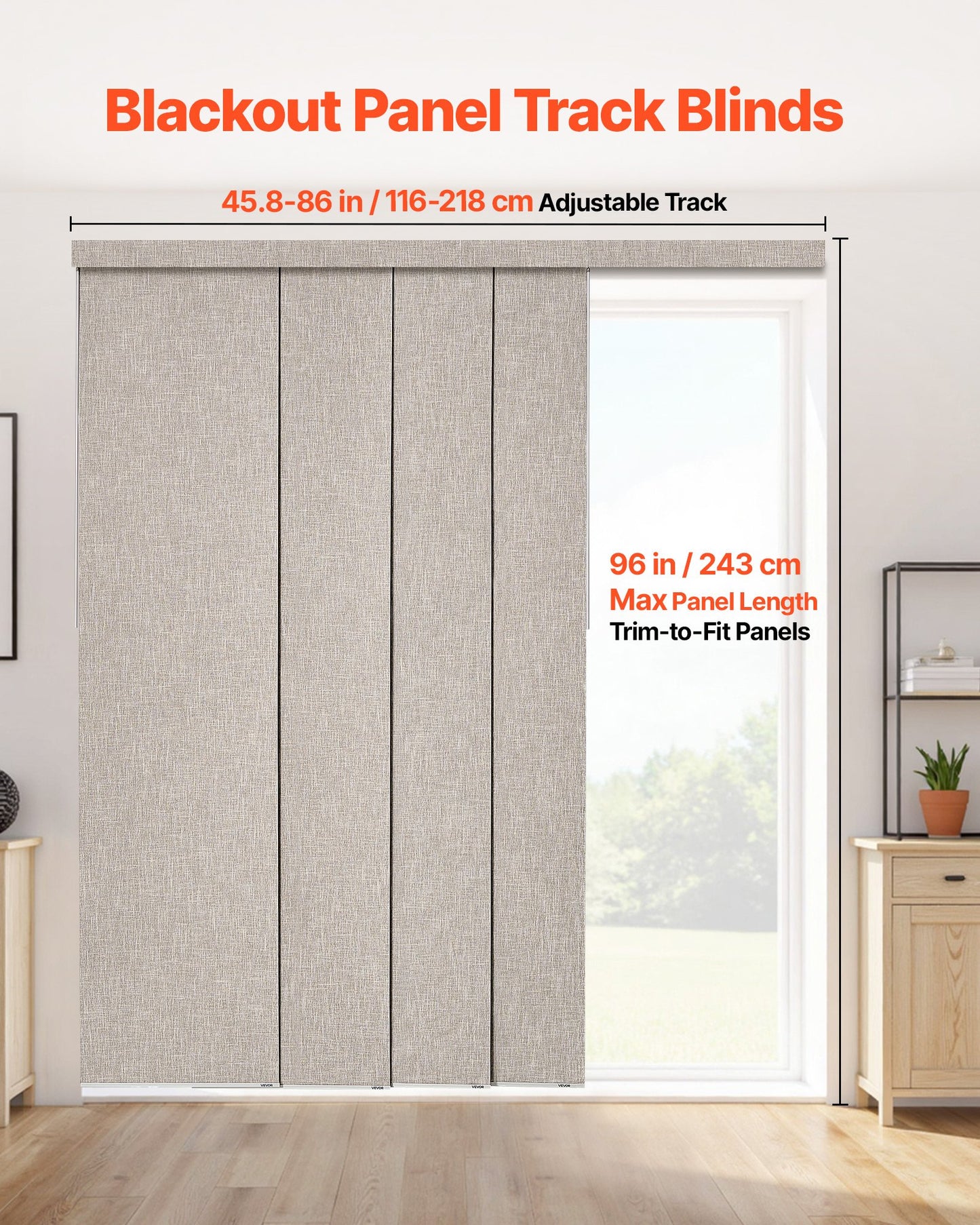 Panel Track Blinds, Extendable Track from 116 cm to 218 cm W, Trimmable Panel Curtains Up to 243cm H, Vertical Blackout Panel Blinds for Sliding Doors, Patio Doors, Room Divider, Windows, Brown