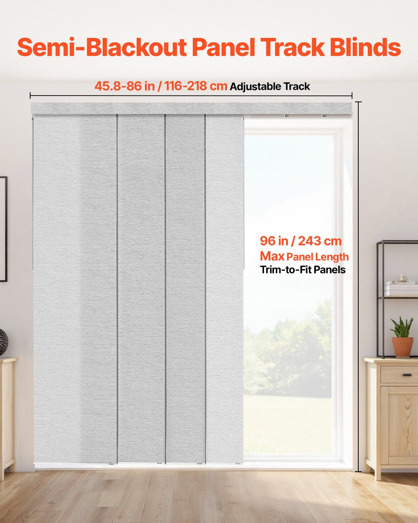 Panel Track Blinds, Extendable Track from 116 cm to 218 cm W, Trimmable Panel Curtains Up to 243cm H, Adjustable Vertical Panel Blinds for Sliding Doors, Patio Doors, Room Divider, Window, Gray