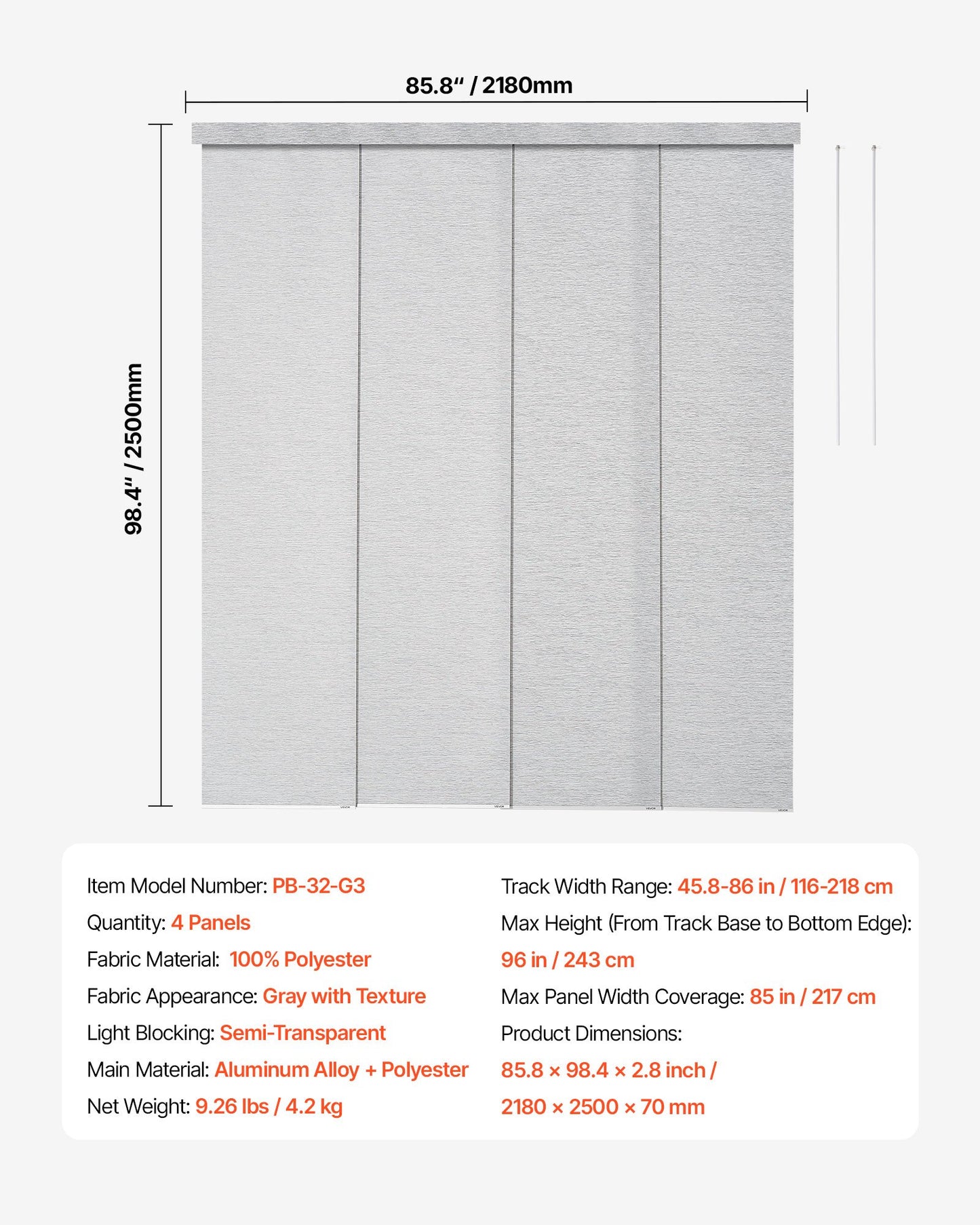 Panel Track Blinds, Extendable Track from 116 cm to 218 cm W, Trimmable Panel Curtains Up to 243cm H, Adjustable Vertical Panel Blinds for Sliding Doors, Patio Doors, Room Divider, Window, Gray