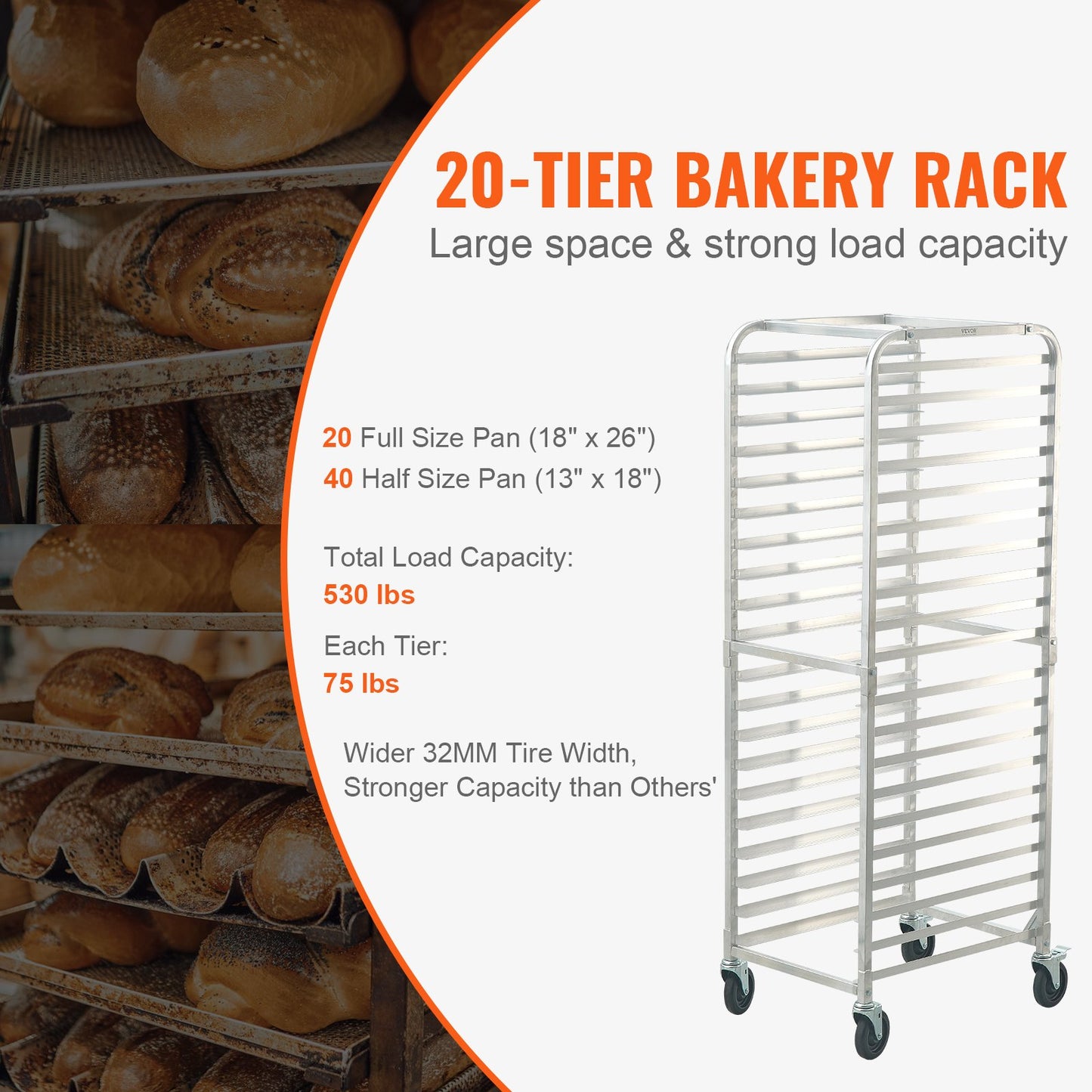 Brötchenblechregal, 20-stöckiges Bäckereiregal mit Bremsrollen, Aluminium-Regalwagen für halbe und ganze Bleche, Schnellregal für Küche und Haushalt, Brotbackausrüstung, 66 x 51,8 x 177,8 cm