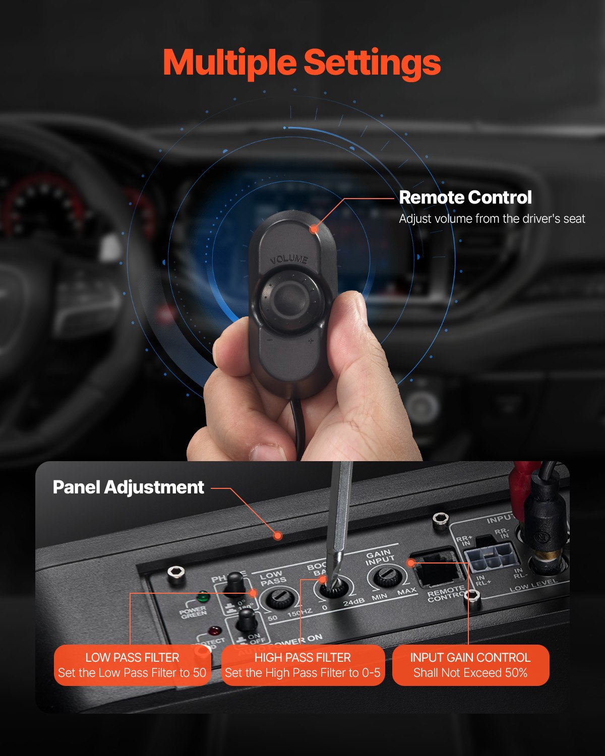 10" 440W Underseat Car Subwoofer, Slim Powered Car Subwoofers with Blue Ambient Light, Low Profile Audio Sub Under the Seat with Built-in Amplifier, Remote Controller for SUVs, Car, Truck, RV