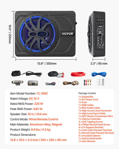 10" 440W Underseat Car Subwoofer, Slim Powered Car Subwoofers with Blue Ambient Light, Low Profile Audio Sub Under the Seat with Built-in Amplifier, Remote Controller for SUVs, Car, Truck, RV