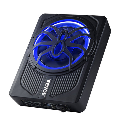 10" 440W Underseat Car Subwoofer, Slim Powered Car Subwoofers with Blue Ambient Light, Low Profile Audio Sub Under the Seat with Built-in Amplifier, Remote Controller for SUVs, Car, Truck, RV