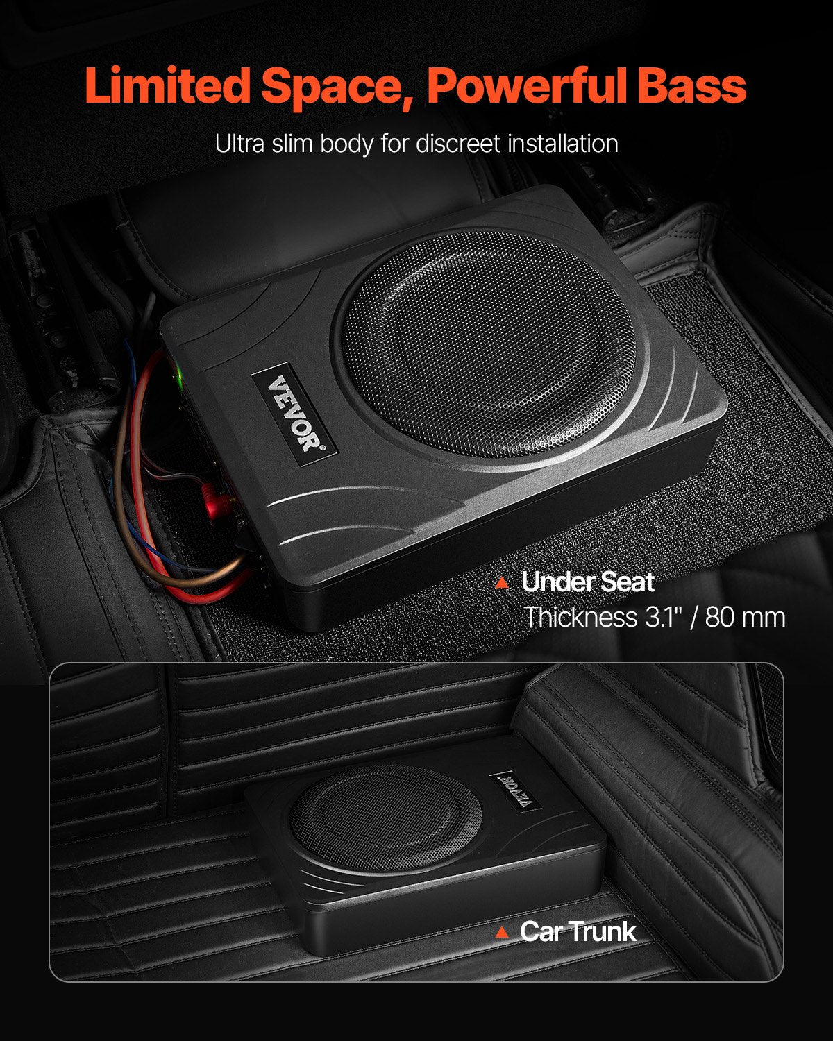 8" 300W Underseat Car Subwoofer, Slim Powered Car Subwoofers Under the Seat, Low Profile Audio Sub Built-in Amplifier, High/Low Level Input & Volume Controller for SUVs, Car, Truck, RV