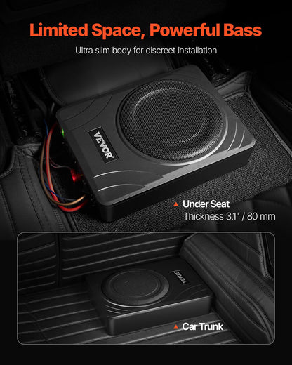 8" 300W Underseat Car Subwoofer, Slim Powered Car Subwoofers Under the Seat, Low Profile Audio Sub Built-in Amplifier, High/Low Level Input & Volume Controller for SUVs, Car, Truck, RV