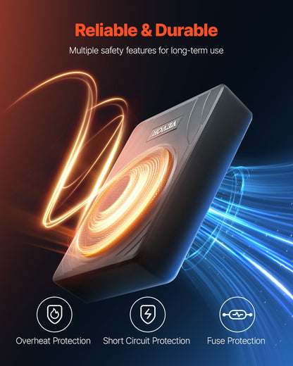 8" 300W Underseat Car Subwoofer, Slim Powered Car Subwoofers Under the Seat, Low Profile Audio Sub Built-in Amplifier, High/Low Level Input & Volume Controller for SUVs, Car, Truck, RV