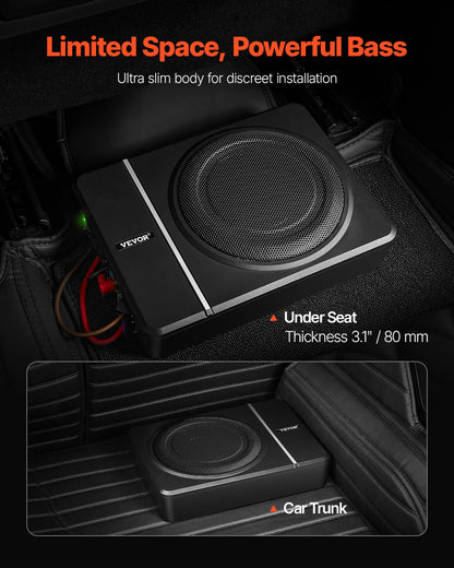8" 240W Underseat Car Subwoofer, Slim Powered Car Subwoofers Under the Seat, Low Profile Audio Sub Built-in Amplifier, High/Low Level Input & Volume Controller for SUVs, Car, Truck, RV