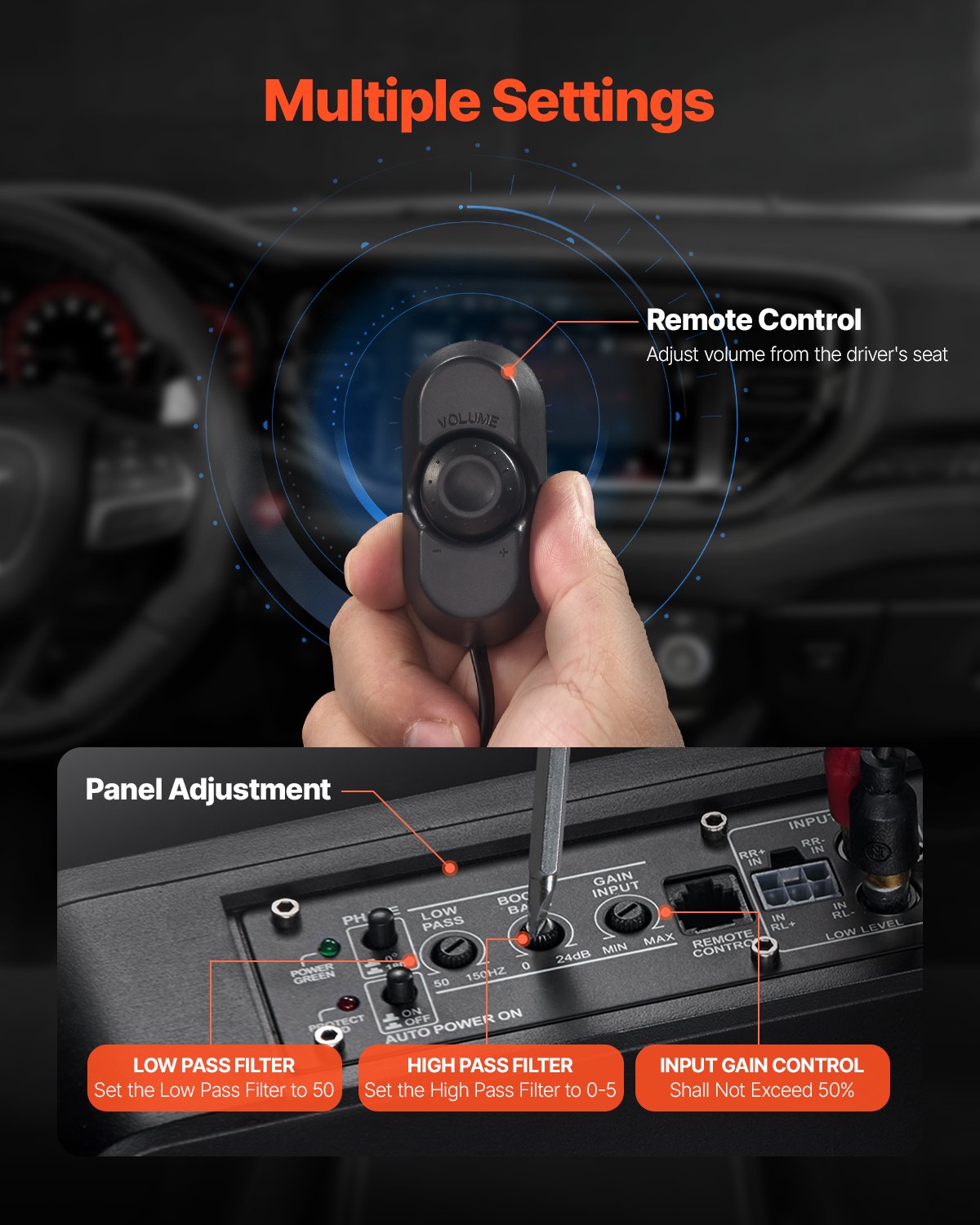 8" 240W Underseat Car Subwoofer, Slim Powered Car Subwoofers Under the Seat, Low Profile Audio Sub Built-in Amplifier, High/Low Level Input & Volume Controller for SUVs, Car, Truck, RV