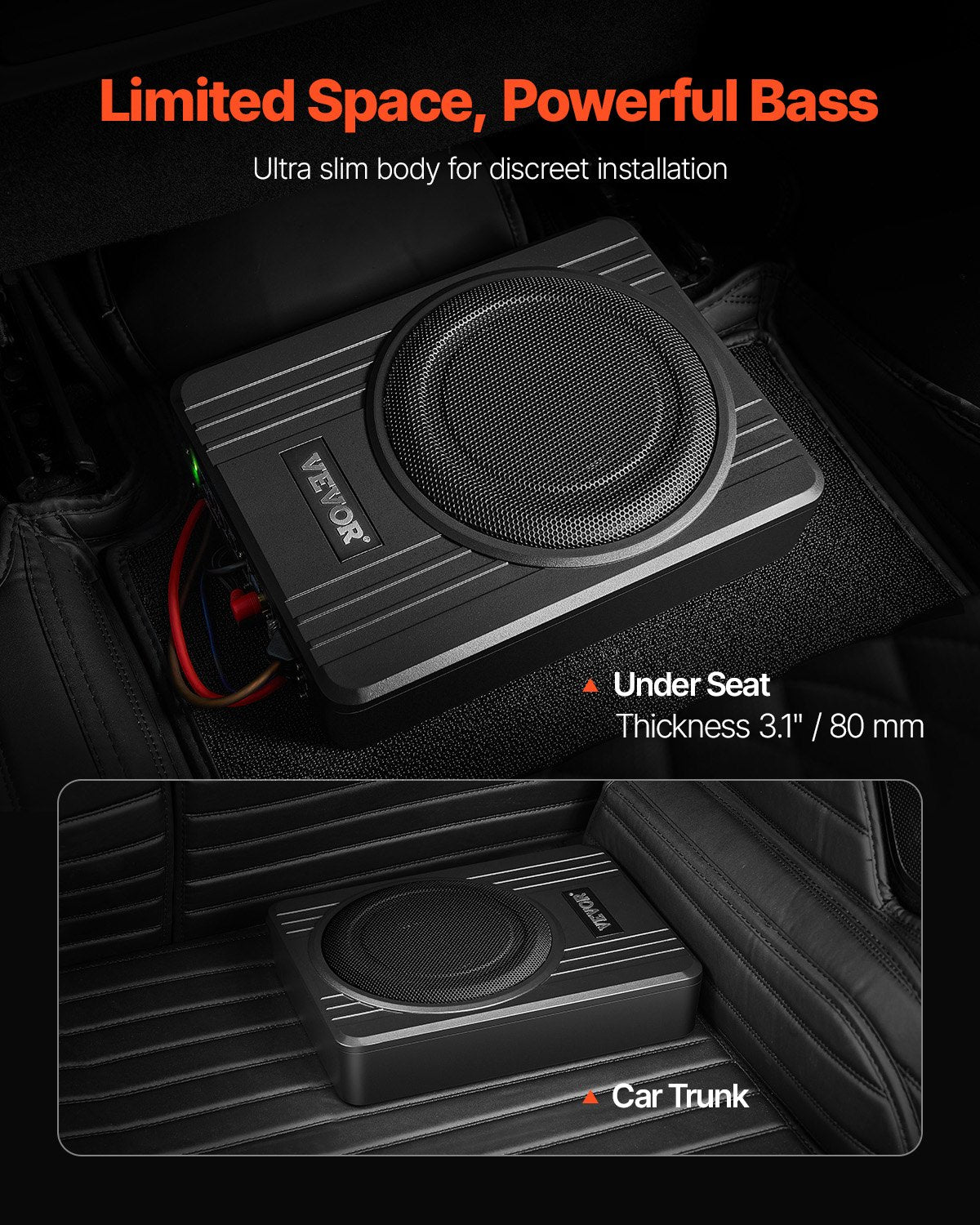 10" 300W Underseat Car Subwoofer, Slim Powered Car Subwoofers Under the Seat, Low Profile Audio Sub Built-in Amplifier, High/Low Level Input & Volume Controller for SUVs, Car, Truck, RV