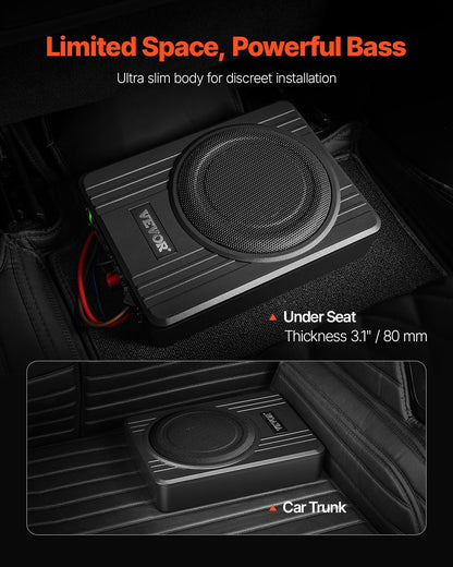 10" 300W Underseat Car Subwoofer, Slim Powered Car Subwoofers Under the Seat, Low Profile Audio Sub Built-in Amplifier, High/Low Level Input & Volume Controller for SUVs, Car, Truck, RV