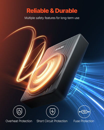 10" 300W Underseat Car Subwoofer, Slim Powered Car Subwoofers Under the Seat, Low Profile Audio Sub Built-in Amplifier, High/Low Level Input & Volume Controller for SUVs, Car, Truck, RV