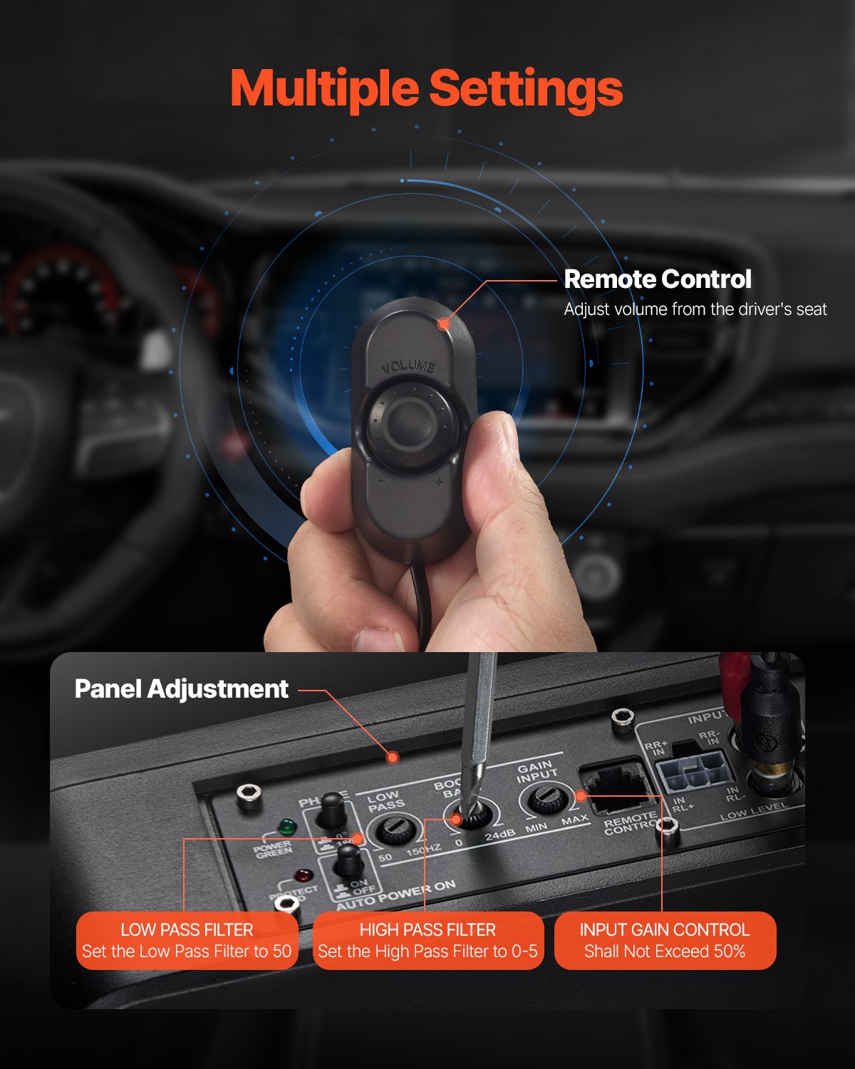 10" 300W Underseat Car Subwoofer, Slim Powered Car Subwoofers Under the Seat, Low Profile Audio Sub Built-in Amplifier, High/Low Level Input & Volume Controller for SUVs, Car, Truck, RV