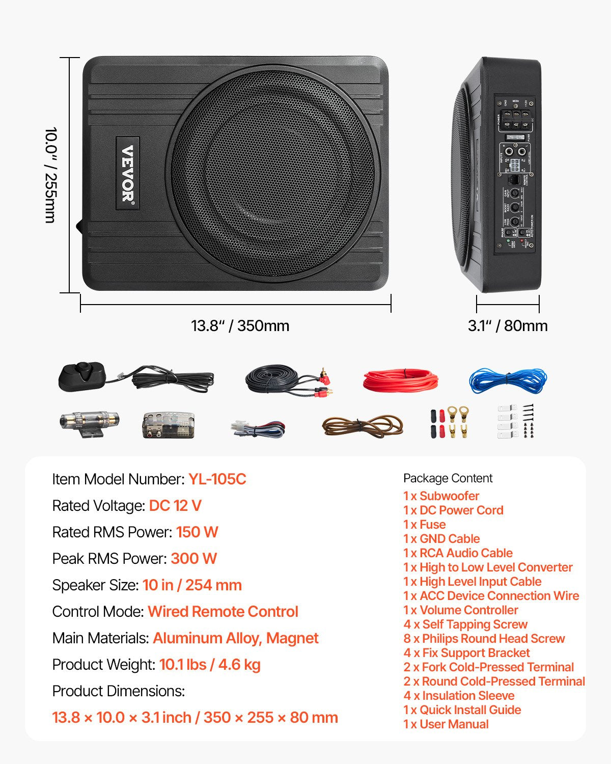 10" 300W Underseat Car Subwoofer, Slim Powered Car Subwoofers Under the Seat, Low Profile Audio Sub Built-in Amplifier, High/Low Level Input & Volume Controller for SUVs, Car, Truck, RV