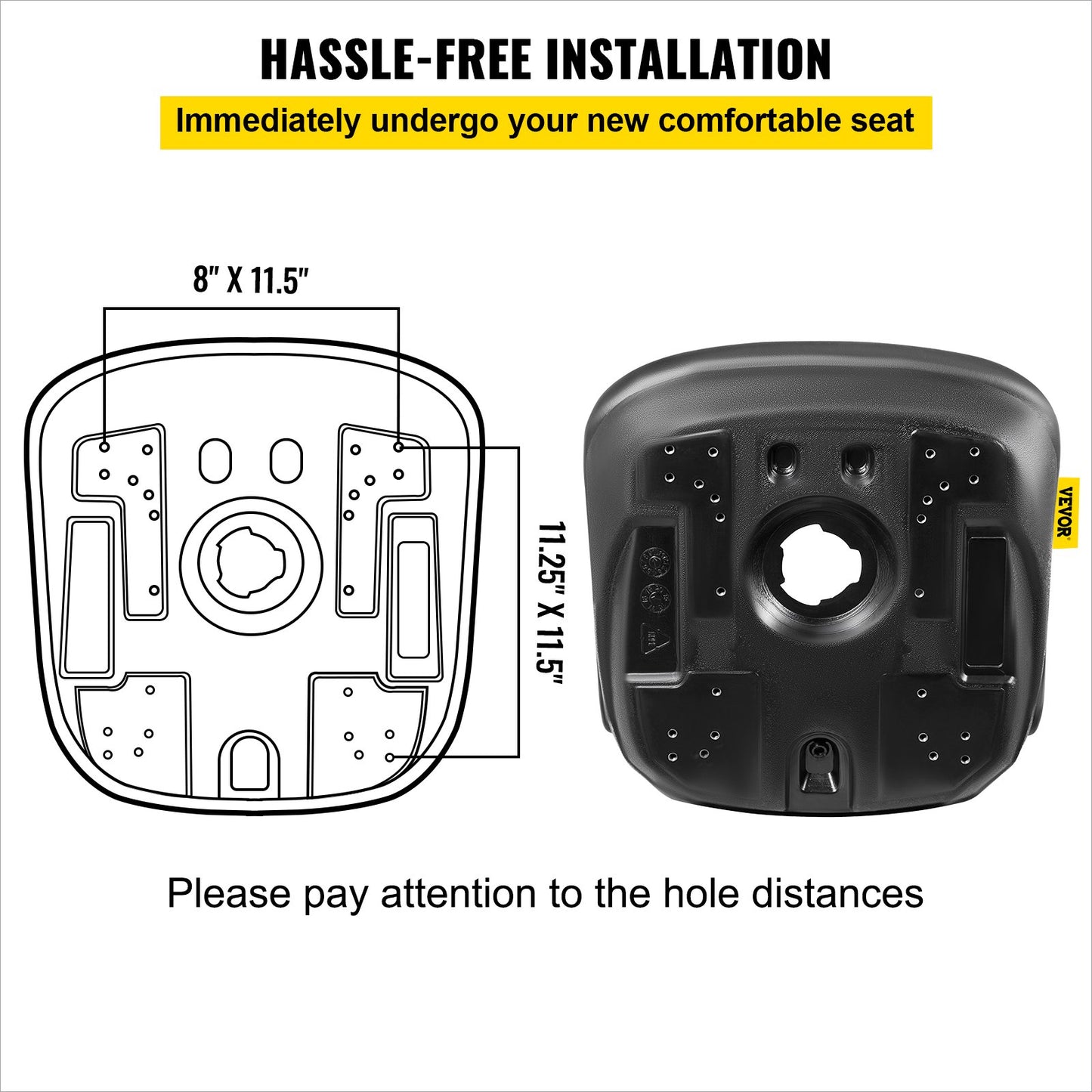 Universeller Traktorsitz als Ersatz, Kompakter Rasenmähersitz mit hoher Rückenlehne (Paar), Schwarzer Vinyl-Gabelstaplersitz, Kompaktladersitz mit zentralem Wasserablaufloch und Befestigungsschraubenmustern von 8" x 11,5" und 11,25" x 11,5"