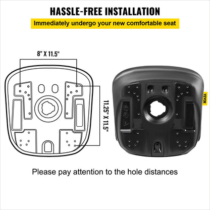 Universeller Traktorsitz als Ersatz, Kompakter Rasenmähersitz mit hoher Rückenlehne (Paar), Schwarzer Vinyl-Gabelstaplersitz, Kompaktladersitz mit zentralem Wasserablaufloch und Befestigungsschraubenmustern von 8" x 11,5" und 11,25" x 11,5"