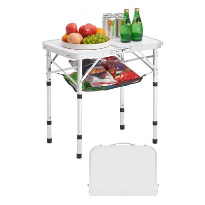 Klappbarer Campingtisch, höhenverstellbarer Beistelltisch aus Aluminium und MDF mit Netzgewebe, Tragegriff, leicht und kompakt, ideal für Picknick, Grillen und Kochen im Freien, 61 x 41 cm, Silber