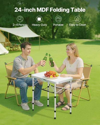 Klappbarer Campingtisch, höhenverstellbarer Beistelltisch aus Aluminium und MDF mit Netzgewebe, Tragegriff, leicht und kompakt, ideal für Picknick, Grillen und Kochen im Freien, 61 x 41 cm, Silber