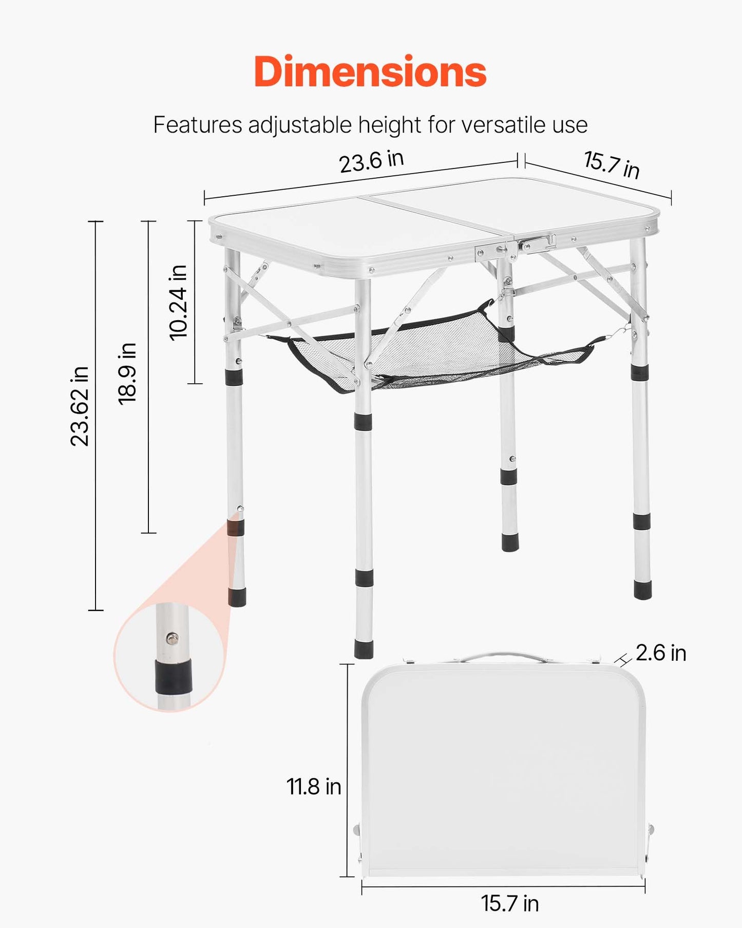 Klappbarer Campingtisch, höhenverstellbarer Beistelltisch aus Aluminium und MDF mit Netzgewebe, Tragegriff, leicht und kompakt, ideal für Picknick, Grillen und Kochen im Freien, 61 x 41 cm, Silber