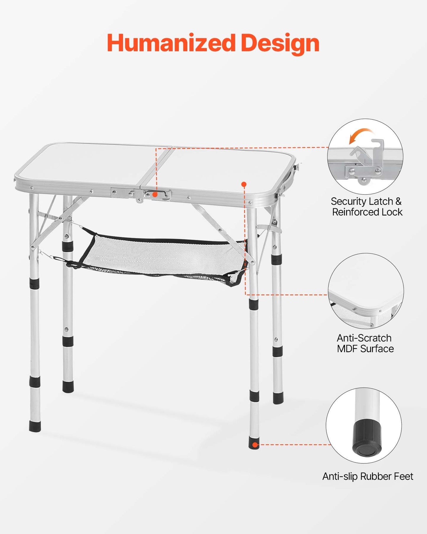 Klappbarer Campingtisch, höhenverstellbarer Beistelltisch aus Aluminium und MDF mit Netzgewebe, Tragegriff, leicht und kompakt, ideal für Picknick, Grillen und Kochen im Freien, 61 x 41 cm, Silber