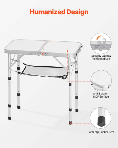 Klappbarer Campingtisch, höhenverstellbarer Beistelltisch aus Aluminium und MDF mit Netzgewebe, Tragegriff, leicht und kompakt, ideal für Picknick, Grillen und Kochen im Freien, 61 x 41 cm, Silber