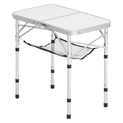 Klappbarer Campingtisch, höhenverstellbarer Beistelltisch aus Aluminium und MDF mit Netzgewebe, Tragegriff, leicht und kompakt, ideal für Picknick, Grillen und Kochen im Freien, 61 x 41 cm, Silber