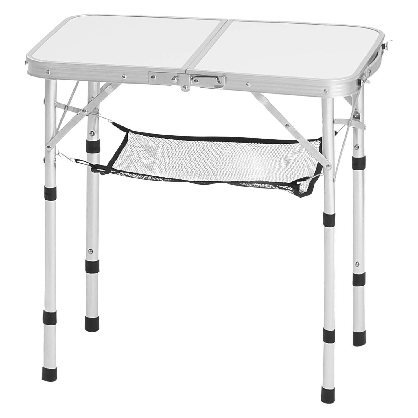 Klappbarer Campingtisch, höhenverstellbarer Beistelltisch aus Aluminium und MDF mit Netzgewebe, Tragegriff, leicht und kompakt, ideal für Picknick, Grillen und Kochen im Freien, 61 x 41 cm, Silber