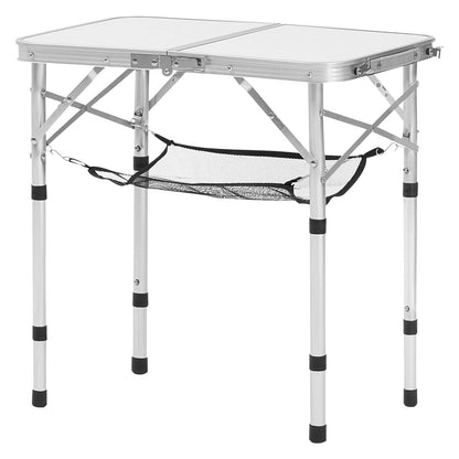 Klappbarer Campingtisch, höhenverstellbarer Beistelltisch aus Aluminium und MDF mit Netzgewebe, Tragegriff, leicht und kompakt, ideal für Picknick, Grillen und Kochen im Freien, 61 x 41 cm, Silber