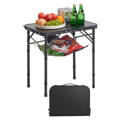 Klappbarer Campingtisch, höhenverstellbarer Beistelltisch aus Aluminium und MDF mit Netzgewebe, Tragegriff, leicht und kompakt, ideal für Picknick, Grillen und Kochen im Freien, 61 x 41 cm, Schwarz