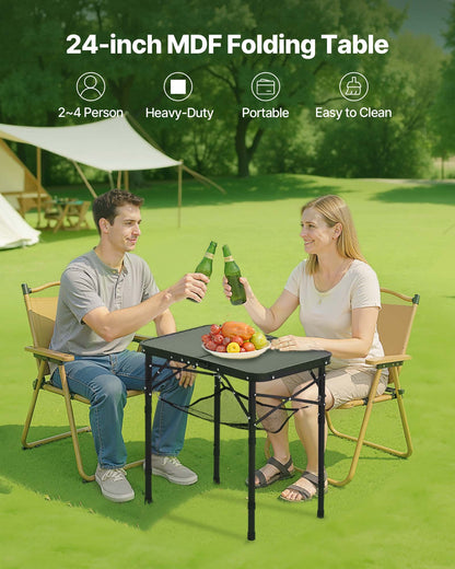 Klappbarer Campingtisch, höhenverstellbarer Beistelltisch aus Aluminium und MDF mit Netzgewebe, Tragegriff, leicht und kompakt, ideal für Picknick, Grillen und Kochen im Freien, 61 x 41 cm, Schwarz