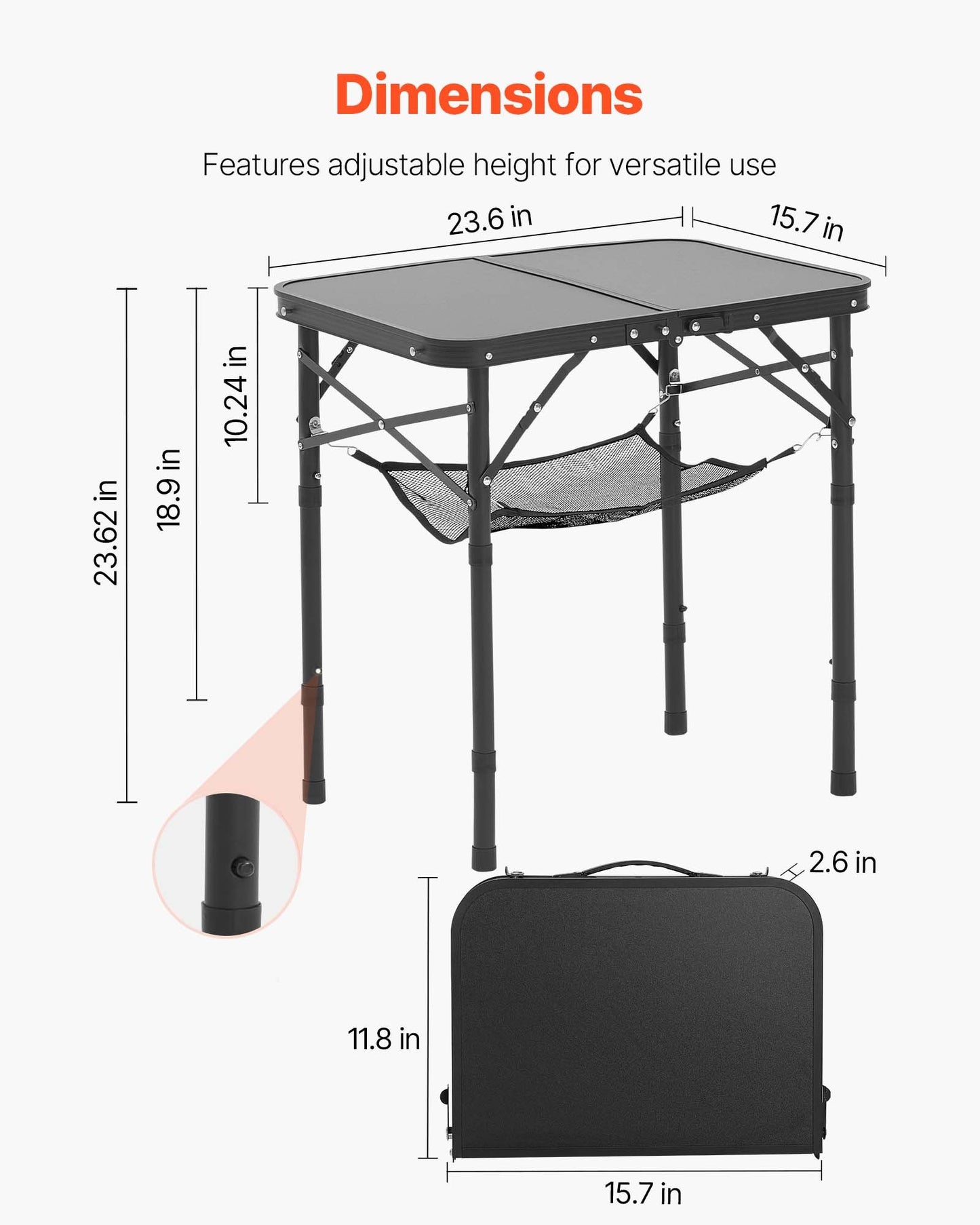 Klappbarer Campingtisch, höhenverstellbarer Beistelltisch aus Aluminium und MDF mit Netzgewebe, Tragegriff, leicht und kompakt, ideal für Picknick, Grillen und Kochen im Freien, 61 x 41 cm, Schwarz