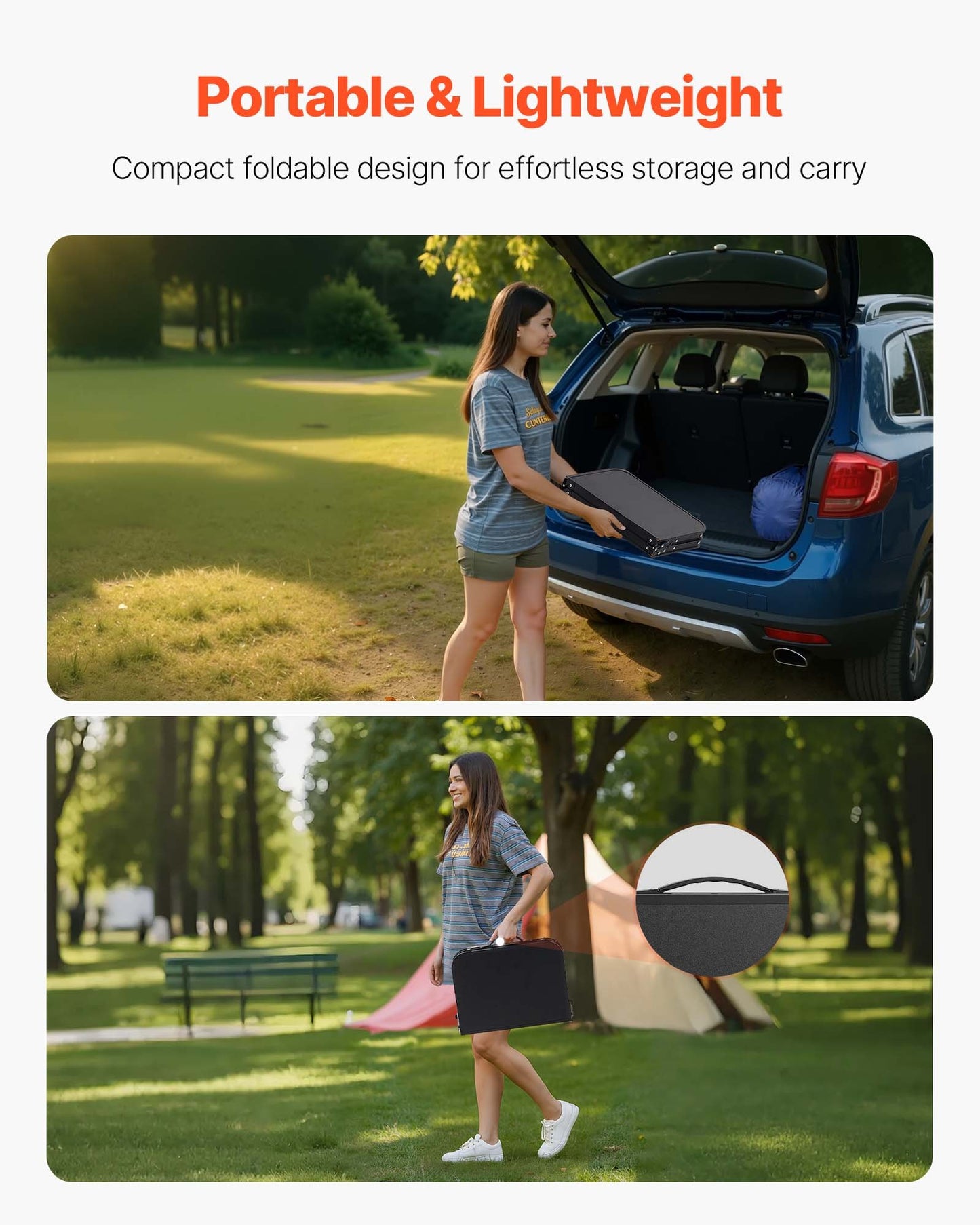 Klappbarer Campingtisch, höhenverstellbarer Beistelltisch aus Aluminium und MDF mit Netzgewebe, Tragegriff, leicht und kompakt, ideal für Picknick, Grillen und Kochen im Freien, 61 x 41 cm, Schwarz