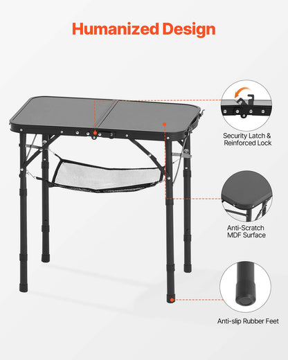 Klappbarer Campingtisch, höhenverstellbarer Beistelltisch aus Aluminium und MDF mit Netzgewebe, Tragegriff, leicht und kompakt, ideal für Picknick, Grillen und Kochen im Freien, 61 x 41 cm, Schwarz