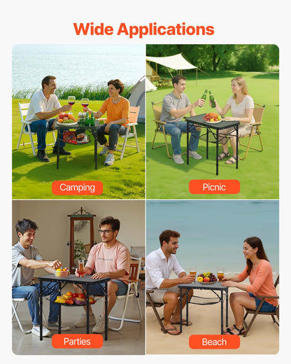 Klappbarer Campingtisch, höhenverstellbarer Beistelltisch aus Aluminium und MDF mit Netzgewebe, Tragegriff, leicht und kompakt, ideal für Picknick, Grillen und Kochen im Freien, 61 x 41 cm, Schwarz