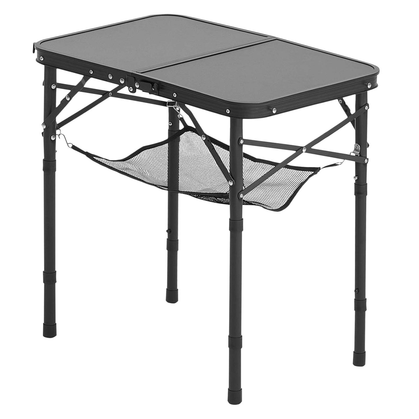 Klappbarer Campingtisch, höhenverstellbarer Beistelltisch aus Aluminium und MDF mit Netzgewebe, Tragegriff, leicht und kompakt, ideal für Picknick, Grillen und Kochen im Freien, 61 x 41 cm, Schwarz