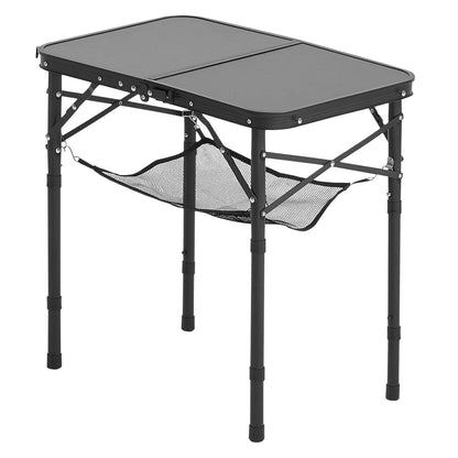 Klappbarer Campingtisch, höhenverstellbarer Beistelltisch aus Aluminium und MDF mit Netzgewebe, Tragegriff, leicht und kompakt, ideal für Picknick, Grillen und Kochen im Freien, 61 x 41 cm, Schwarz