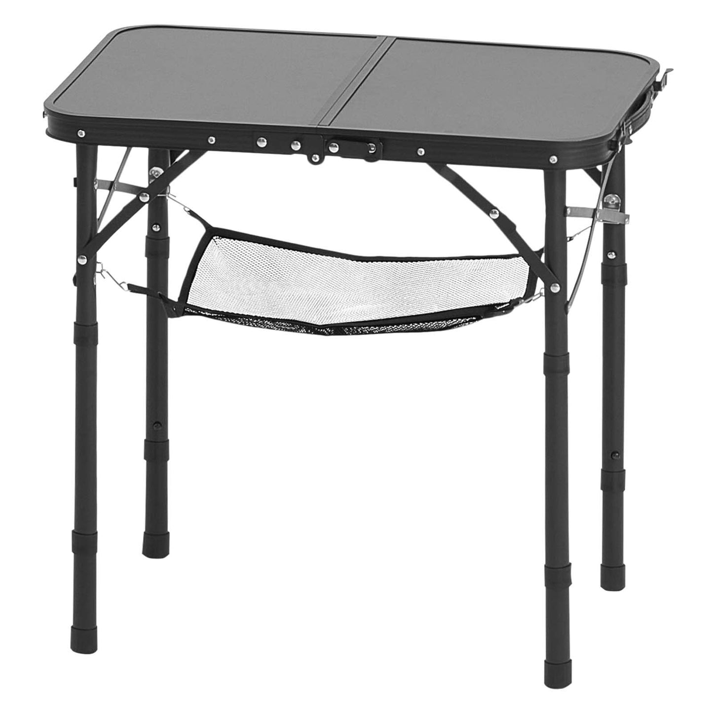 Klappbarer Campingtisch, höhenverstellbarer Beistelltisch aus Aluminium und MDF mit Netzgewebe, Tragegriff, leicht und kompakt, ideal für Picknick, Grillen und Kochen im Freien, 61 x 41 cm, Schwarz
