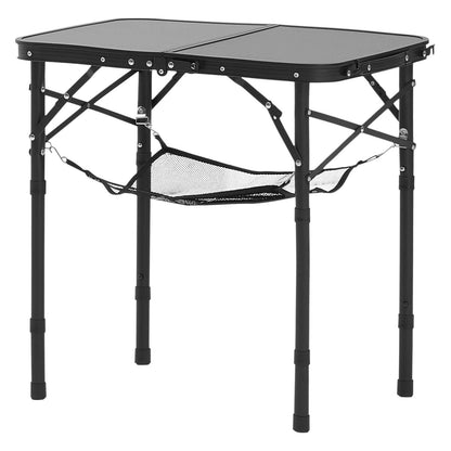 Klappbarer Campingtisch, höhenverstellbarer Beistelltisch aus Aluminium und MDF mit Netzgewebe, Tragegriff, leicht und kompakt, ideal für Picknick, Grillen und Kochen im Freien, 61 x 41 cm, Schwarz