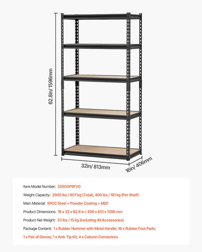 Storage Shelves, 2000 lbs, 5 Tier Garage Storage Shelving, 16" D x 32" W x 62.8" H Adjustable Metal Shelves for Garage Shelves Utility Rack Shelf, Ideal for Kitchen, Warehouse, Basement, Black