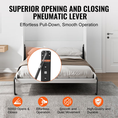 Murphy Bed Kit, Full Size, Vertical Deluxe DIY Wall Bed Mechanical Hardware Kit, Pneumatic Lever Heavy Duty Bed Frame Support, Folding Cabinet Wall Bed Space Saving Design for Guestroom