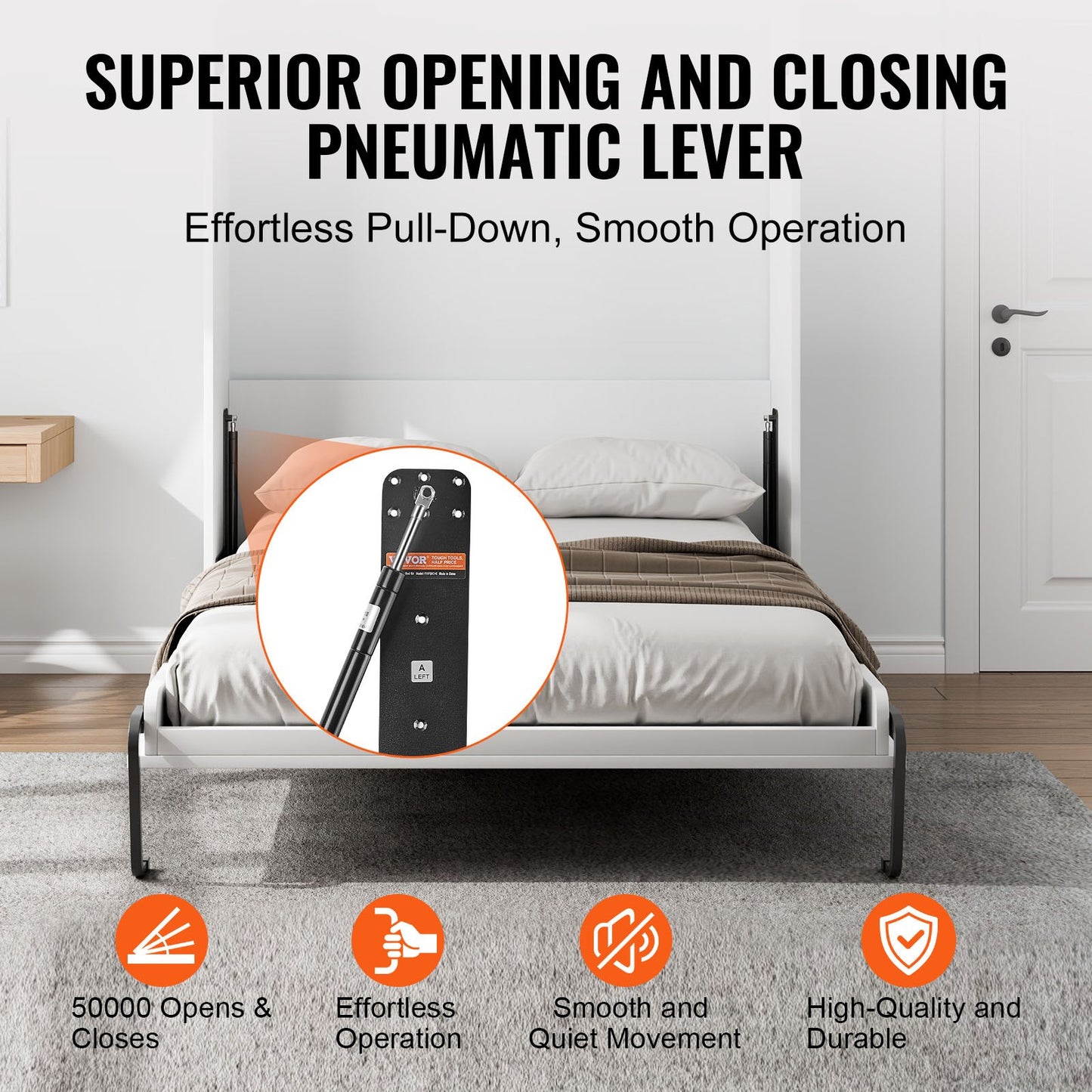 Murphy Bed Kit, Queen Size, Vertical Deluxe DIY Wall Bed Mechanical Hardware Kit, Pneumatic Lever Heavy Duty Bed Frame Support, Folding Cabinet Wall Bed Space Saving Design for Guestroom