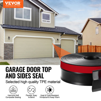 Garage Door Seal Top and Sides Seal Strip, 20 FT Universal Weather Stripping Replacement Soft and Hard Composite, Weatherproofing Garage Door TPE Seals with Adhesive Backed and Screws, Black