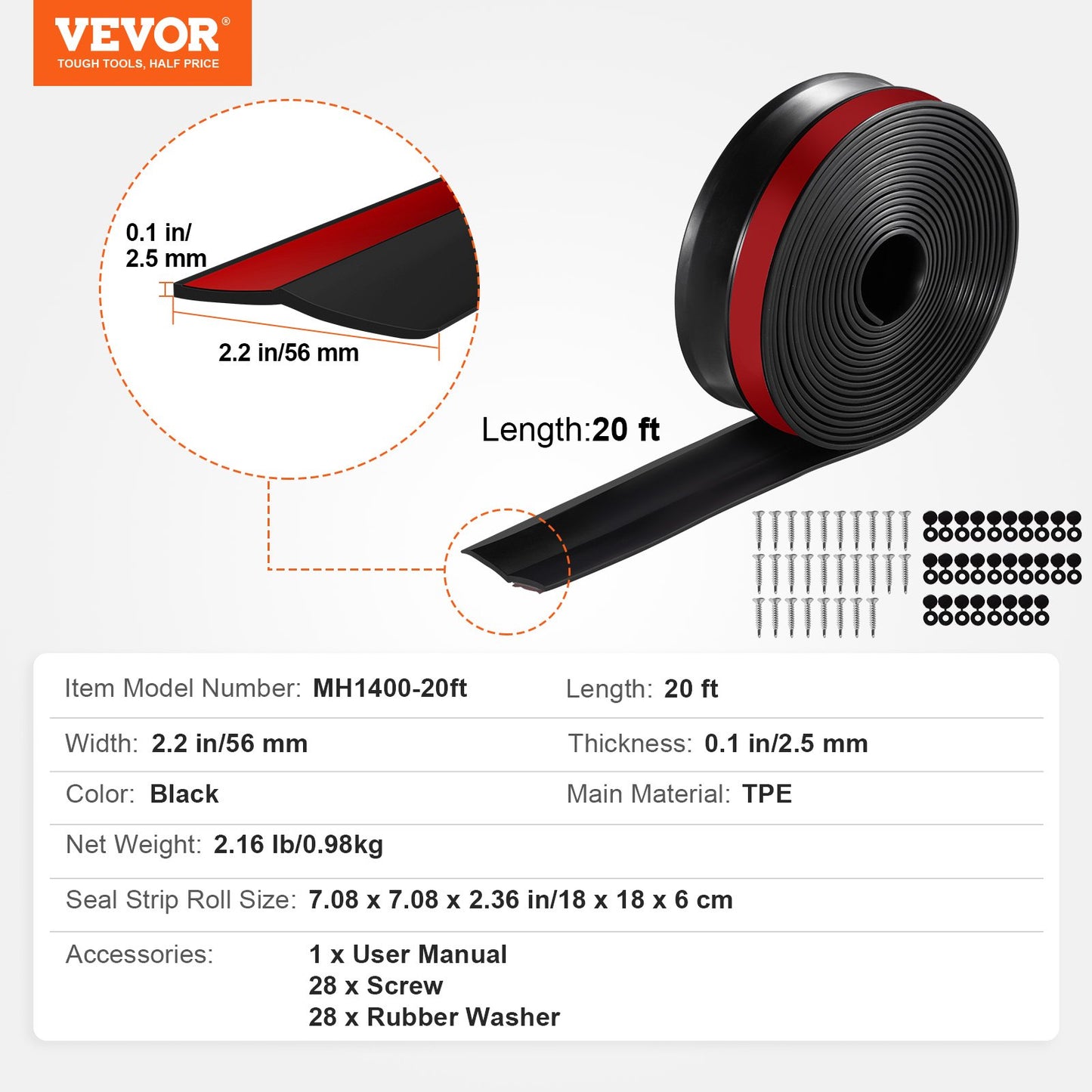 Garage Door Seal Top and Sides Seal Strip, 20 FT Universal Weather Stripping Replacement Soft and Hard Composite, Weatherproofing Garage Door TPE Seals with Adhesive Backed and Screws, Black
