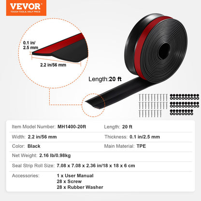 Garage Door Seal Top and Sides Seal Strip, 20 FT Universal Weather Stripping Replacement Soft and Hard Composite, Weatherproofing Garage Door TPE Seals with Adhesive Backed and Screws, Black