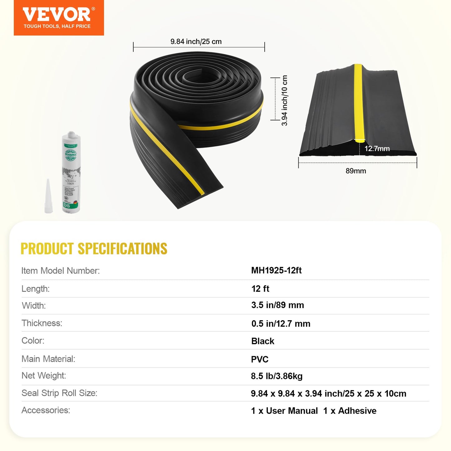 Garage Door Threshold Seal Strip, 12 FT Universal Garage Door Floor Seal Strip with Adhesive, Garage Door Bottom Weatherproof Strip, Upgraded Thick PVC DIY Weather Stripping Replacement, Black