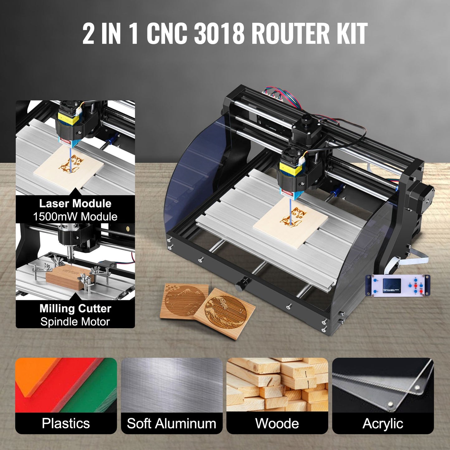 Engraving Machine 300×180×45 mm CNC Router CNC 3018 Pro 15W Laser Engraver GRBL Control 3 Axis Laser Engraving Machine, with Offline Controller, for Carving Plastic, Acrylic, PVC, Wood
